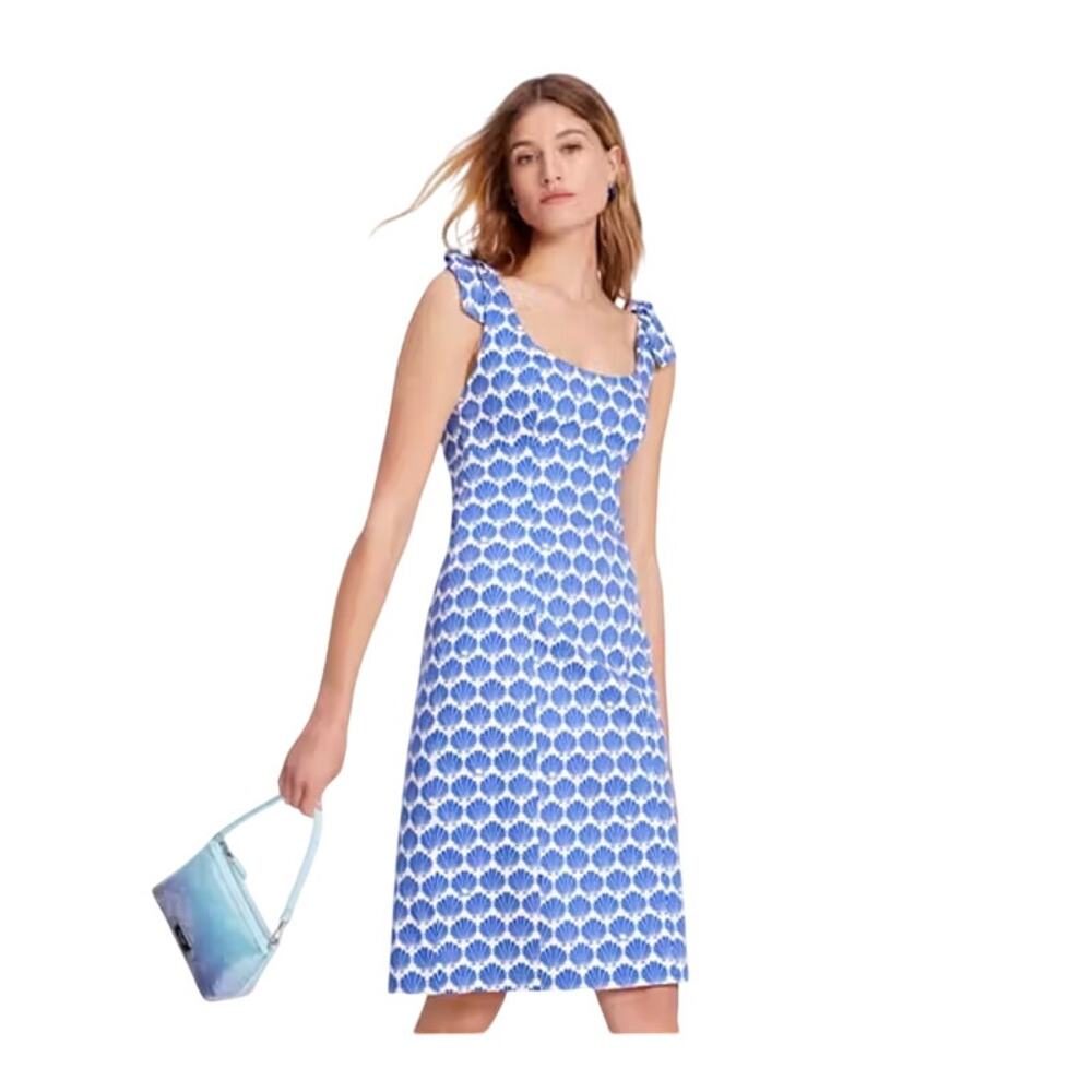 Kate Spade Shell Tie Shoulder Midi Poplin Dress Blueberry Cream Size 8